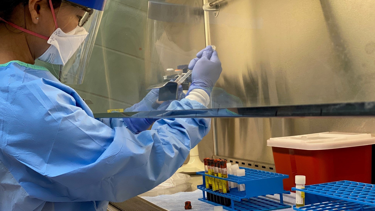 training Scientist wearing personal protective equipment while working in a public health laboratory.