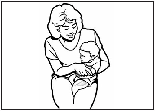 This drawing shows a mother holding an infant. The anterolateral aspect of the infant&acirc;&euro;&trade;s thigh is shaded, showing the proper site for intramuscular/subcutaneous vaccine administration.