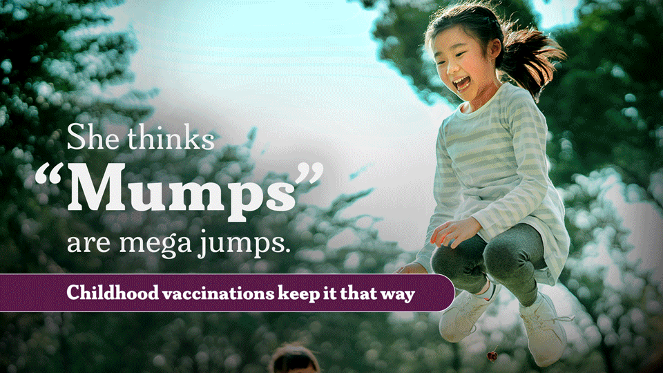 Animated graphic showing pictures of happy, healthy children with the tagline "Childhood vaccinations keep it that way."