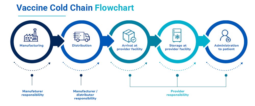Chart with circles moving left to right showing how vaccines move though the cold chain.