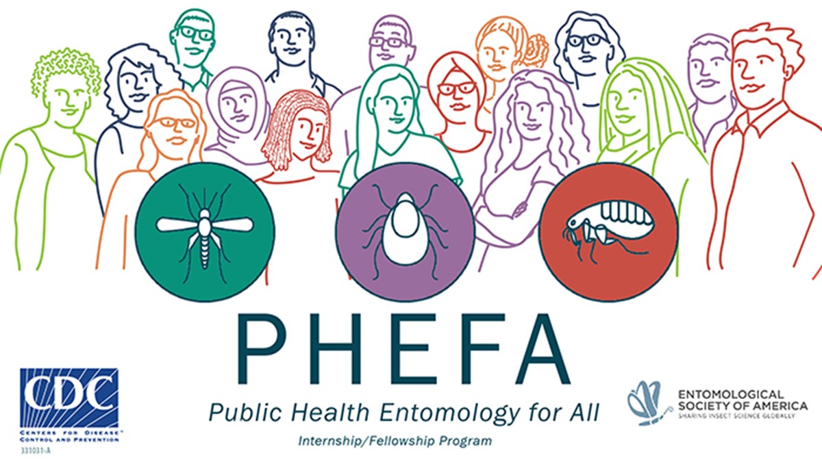 Public Health Entomology for All Banner Illustration of 16 people with bubbles containing a mosquito, a tick, and a flea. Text reads "PHEFA, Public Health Entomology for All Internship/Fellowship Program."