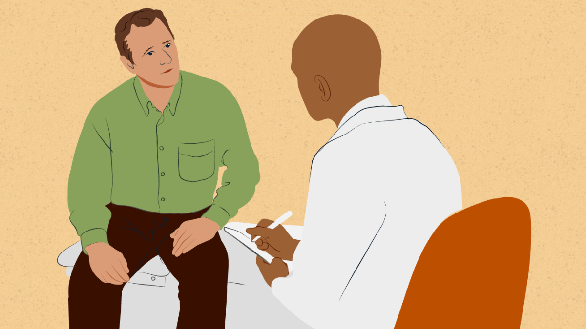Patient and HCP graphic Graphic of a patient talking to their healthcare provider.