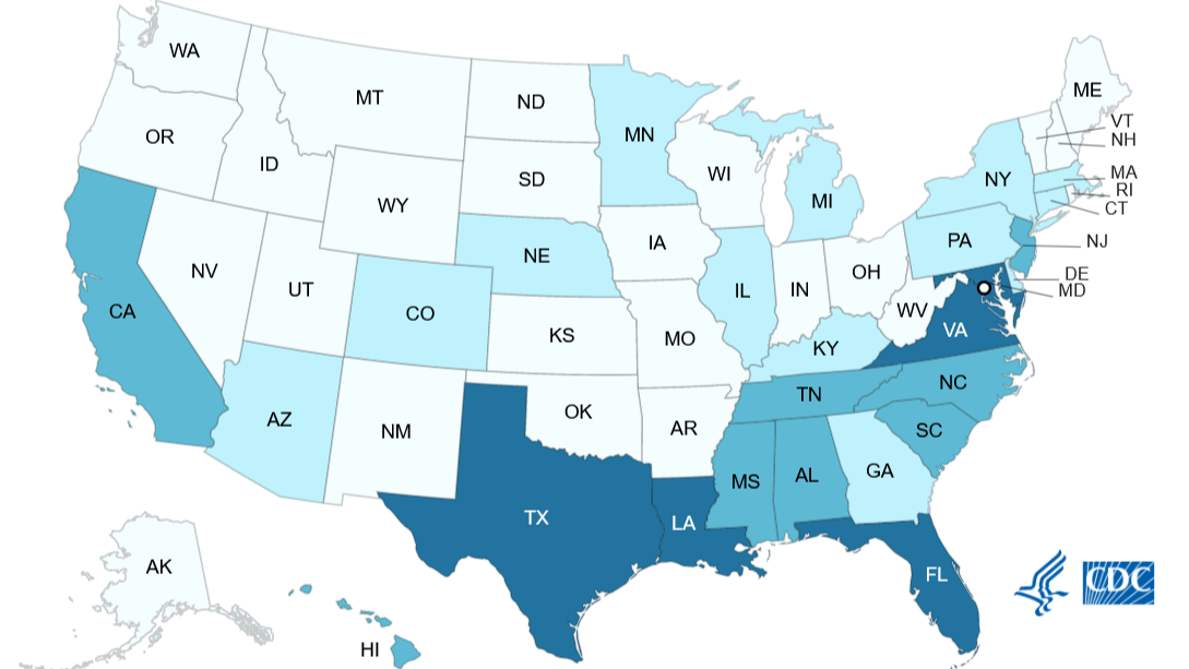 Map of Vibrio vulnificus cases in the United States in 2019 as reported to CDC