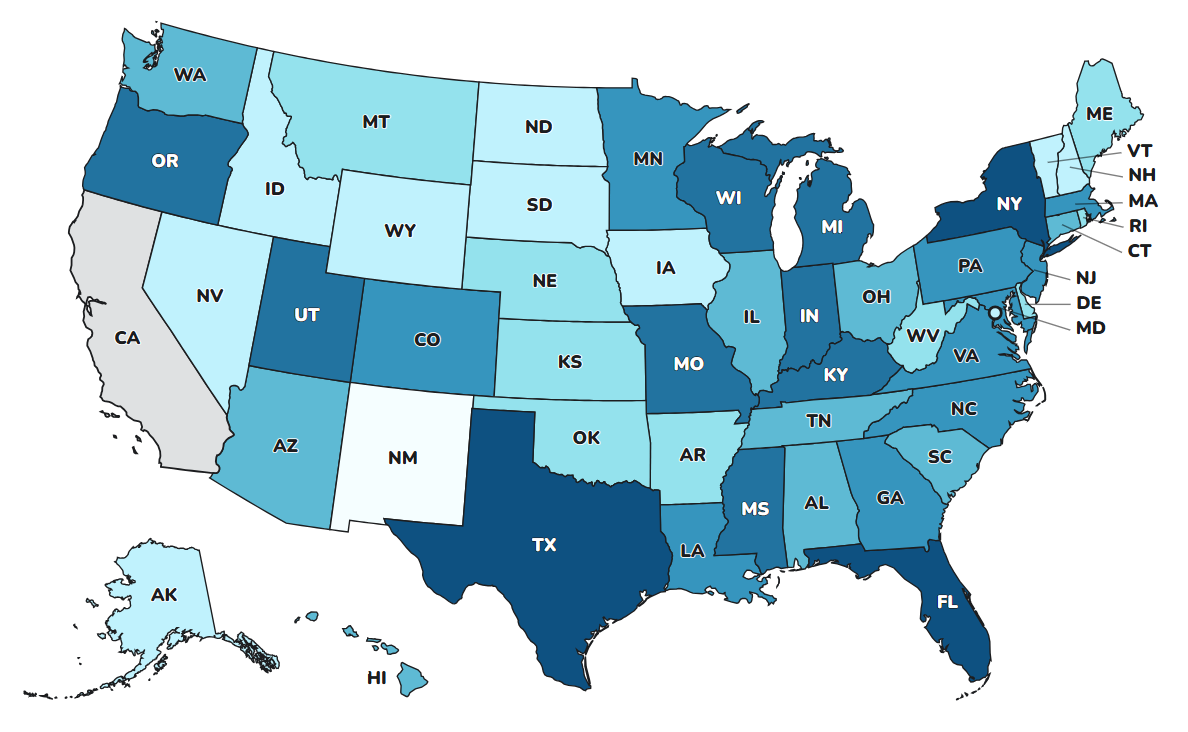 Map of Vibrio infections in the United States in 2024 as reported to CDC