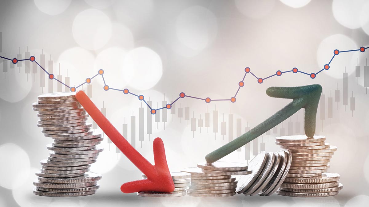 Vision Loss Economic Explorer Stacks of coins topped by up and down arrows symbolizing rising and falling costs