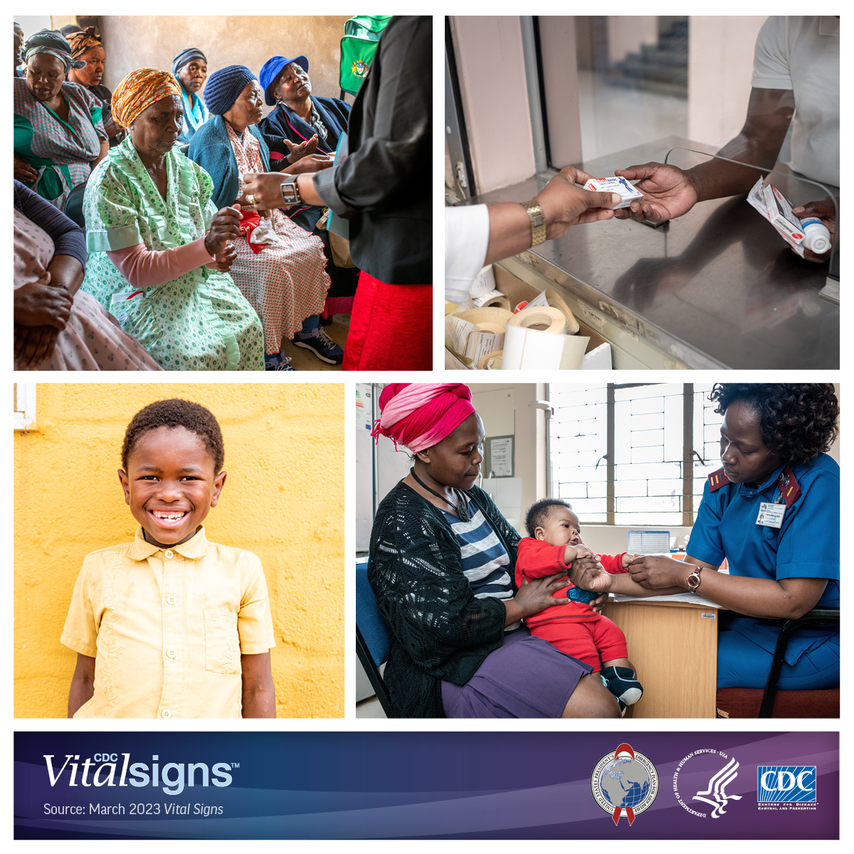 VS Collage Photo collage of people being educated, a person being handed medicine, a boy smiling, and a mother holding an infant while they are being examined.