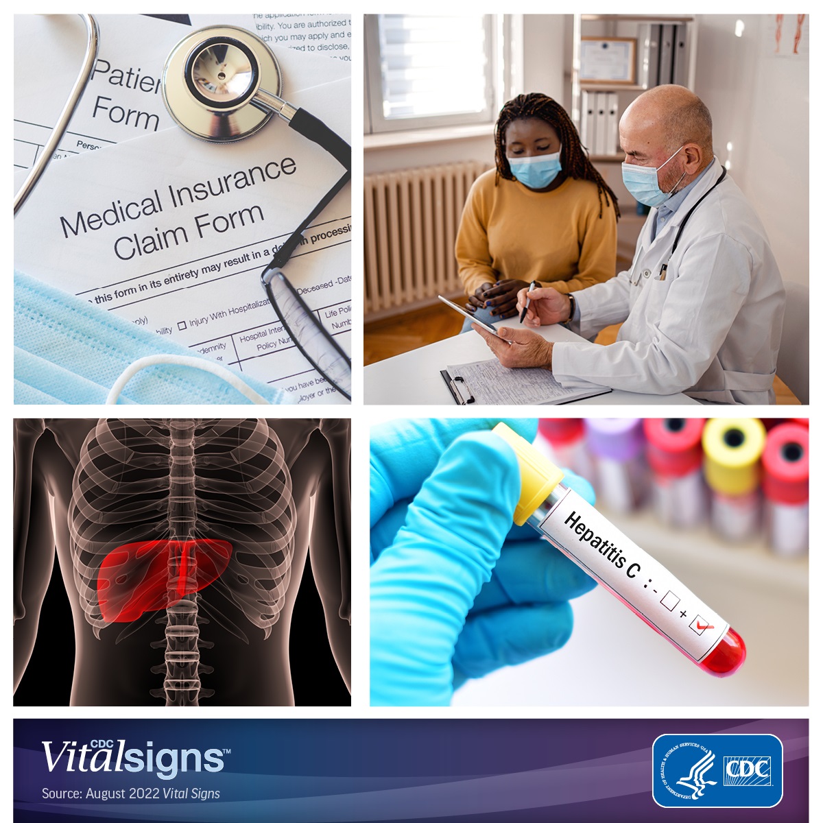 VS Collage Photo collage of a medical form, a doctor talking with a patient, illustration of a liver, and a blood sample.