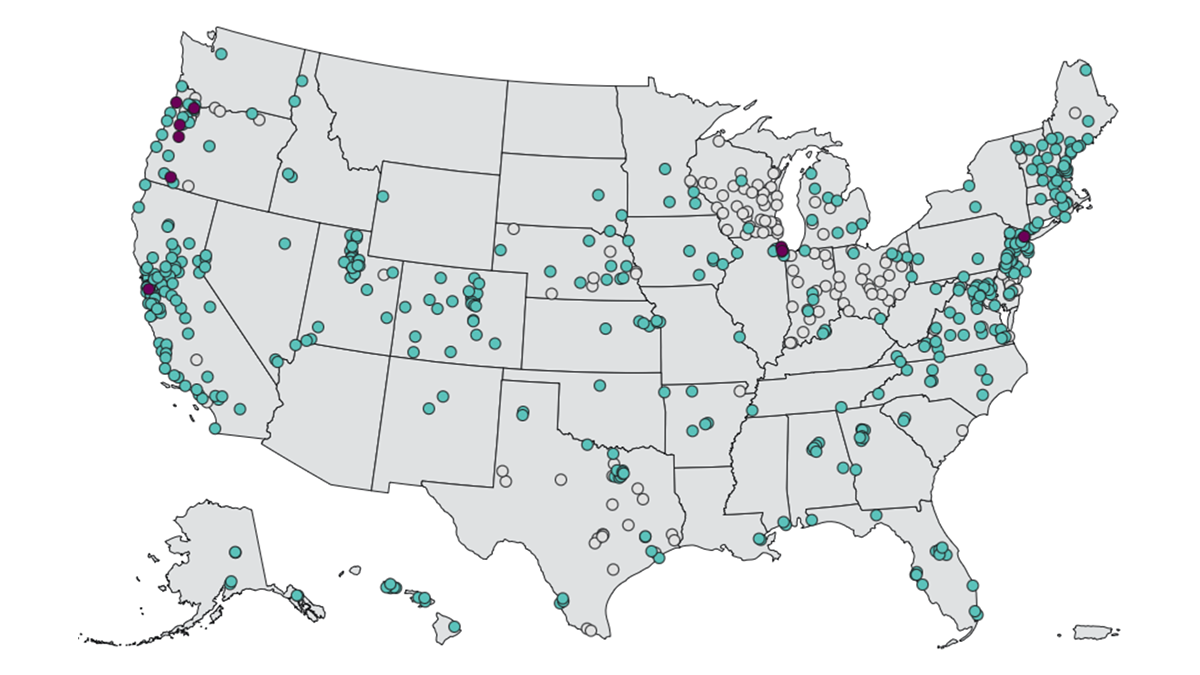 Thumbnail of U.S. map showing avian influenza A(H5) wastewater detection sites nationwide.