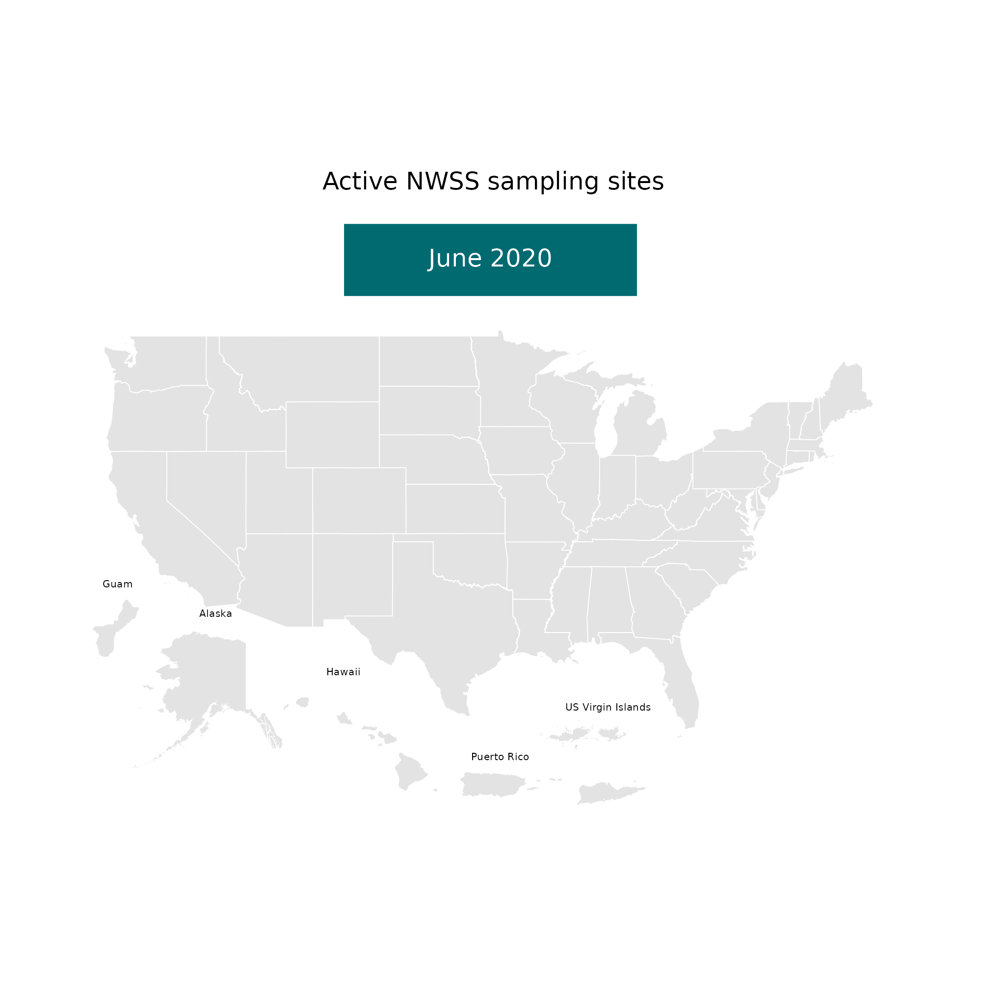 This animation shows a map of the United States with dots representing wastewater monitoring sites. Over time, more sites appear and expand across states, illustrating how the number of sites reporting wastewater data to CDC has grown over time.