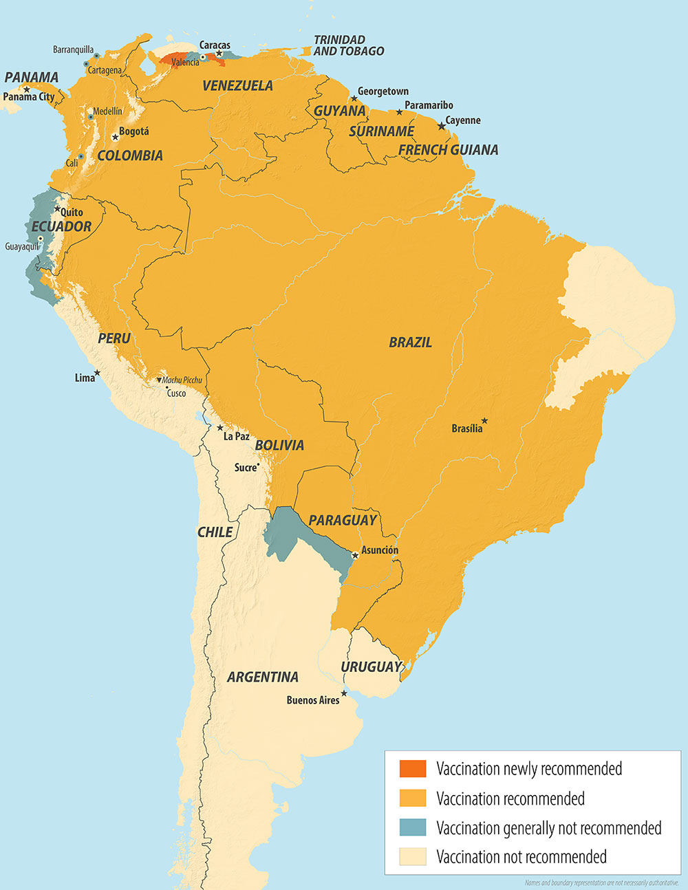 Map 4.21.2: Yellow fever vaccine recommendations for the Americas