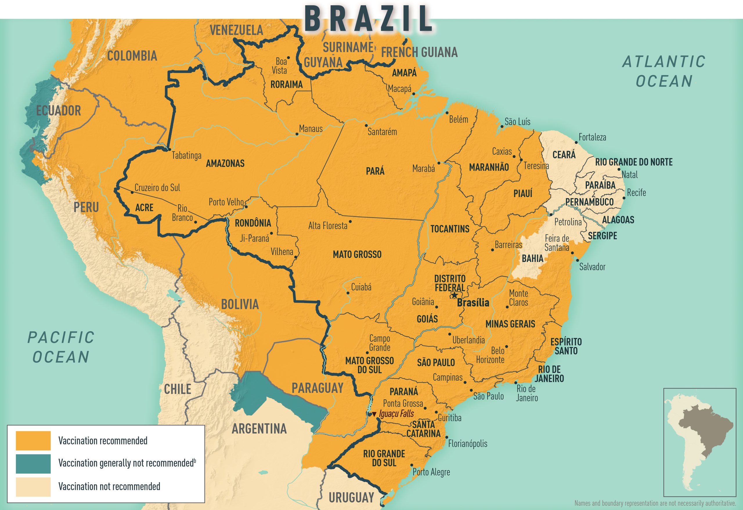 Map 1.5.3: Yellow fever vaccine recommendations for Brazil & neighboring countries