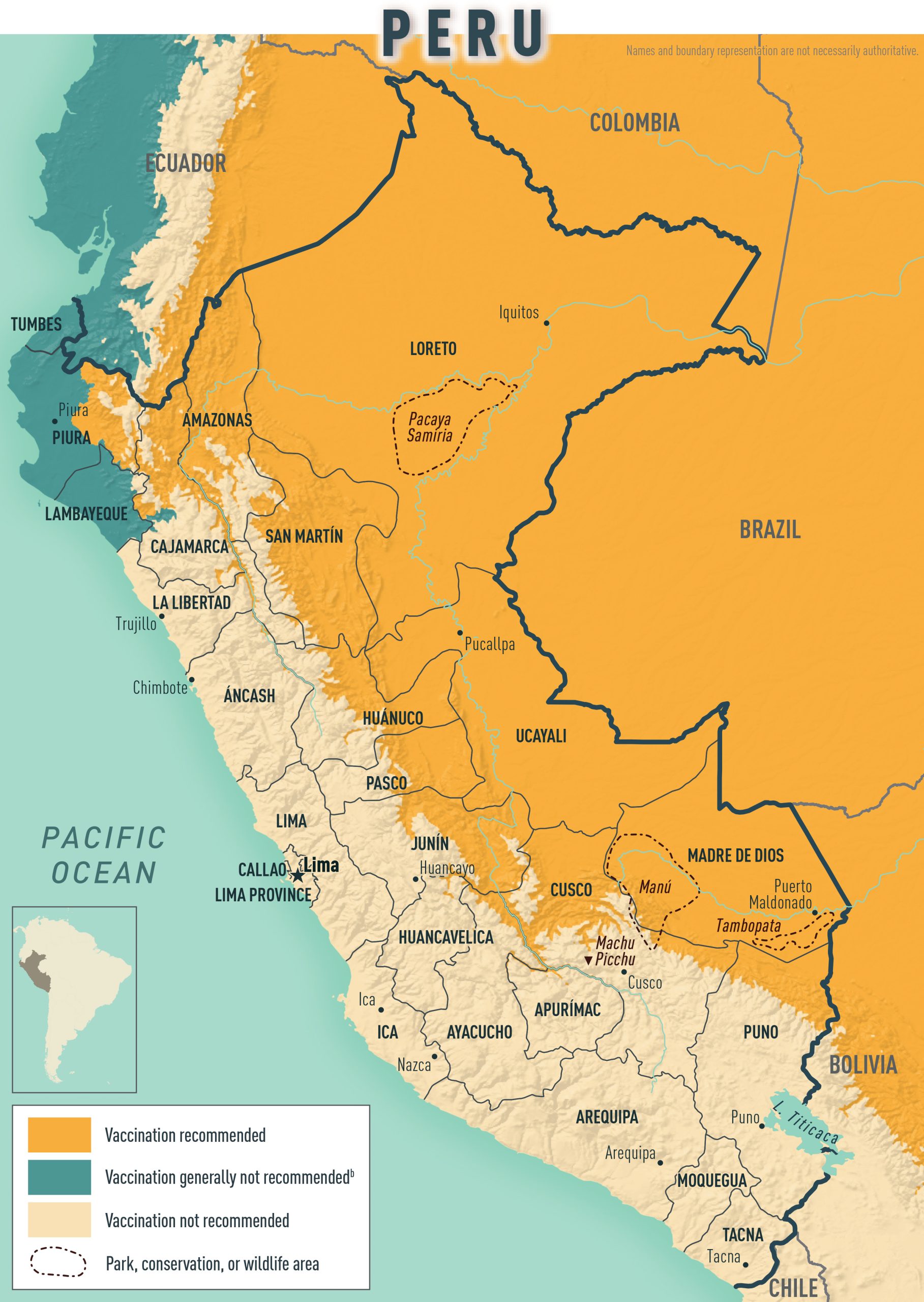 Map 1.5.13: Yellow fever vaccine recommendations for Peru & neighboring countries