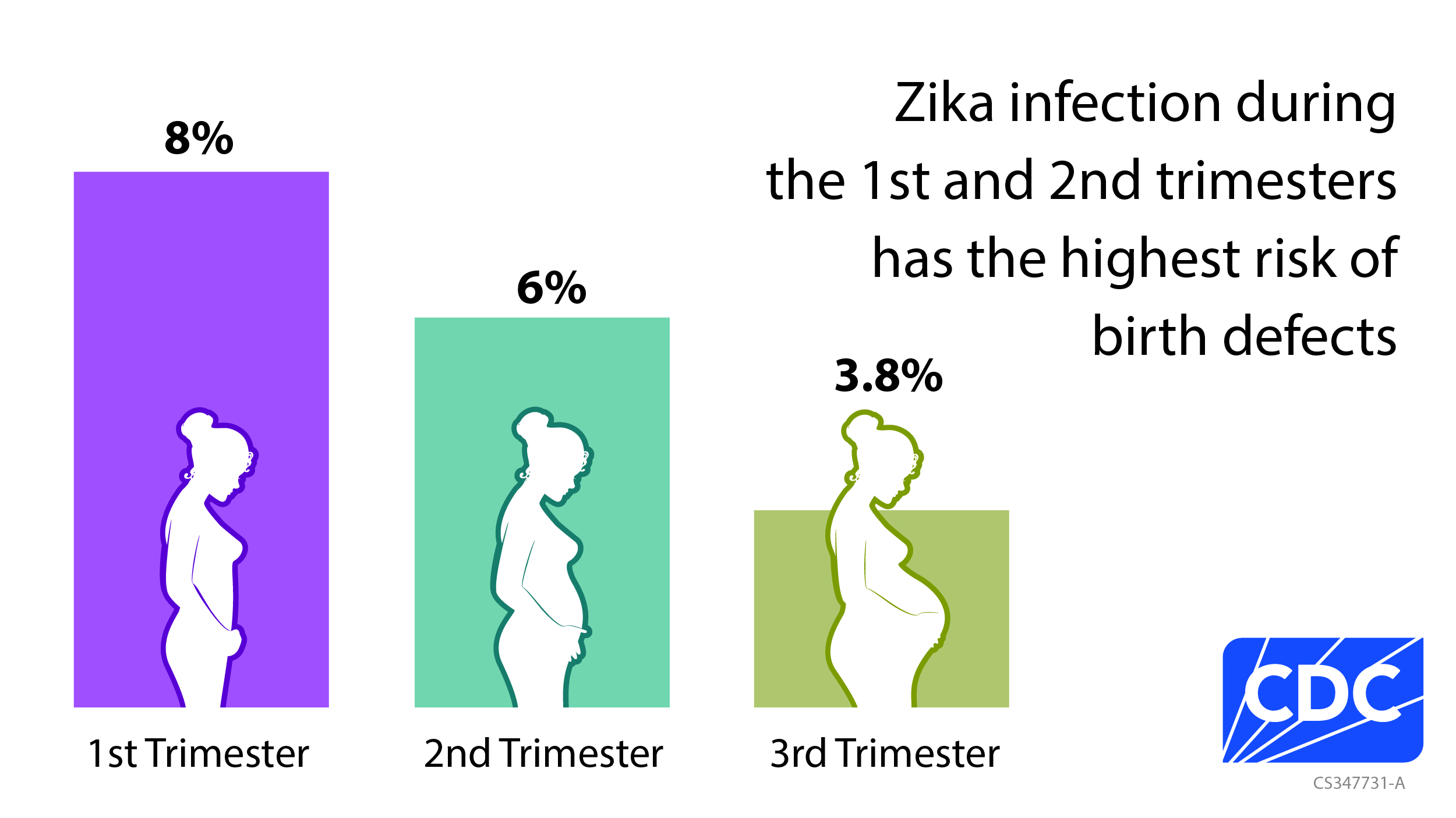 Bar chart with three columns showing that 8%, 6% and 3.8% of people with Zika virus infection during pregnancy during the first, second and third trimesters, respectively, had an infant with a birth defects.