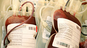 Two blood transfusion bags.