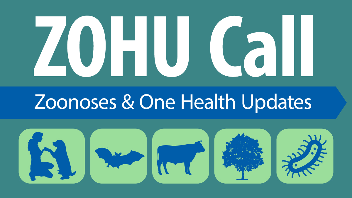 Pictorial graphic with five silhouettes of various lifeforms and text reading "ZOHU Call" and "Zoonoses & One Health Updates" at the bottom.